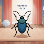 Illustration anthrene de lit sur tapis abimé et textiles