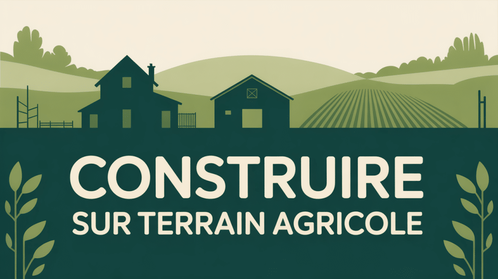 Astuce pour construire sur terrain agricole, illustration avec grange, champ et titre central