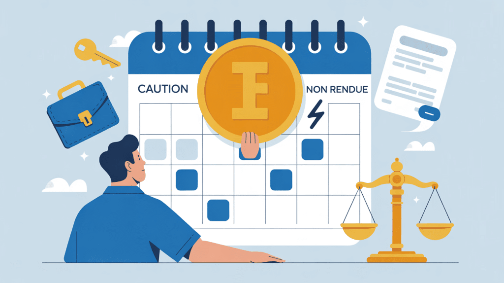 Illustration caution non rendue après 1 mois avec calendrier et balance