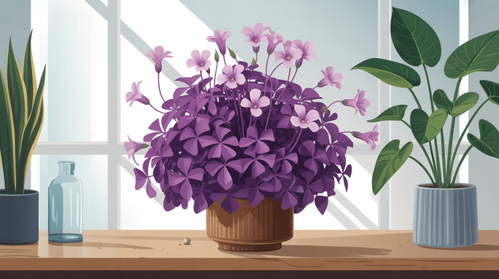 Oxalis regnellii triangularis illustration plante violette en salon moderne