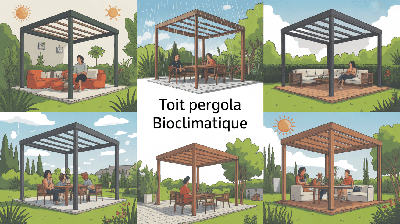 Illustration toit pergola bioclimatique différents types en jardin