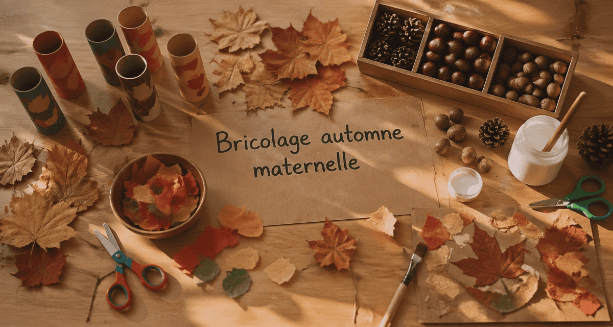 bricolage automne maternelle avec feuilles, pommes de pin et enfants