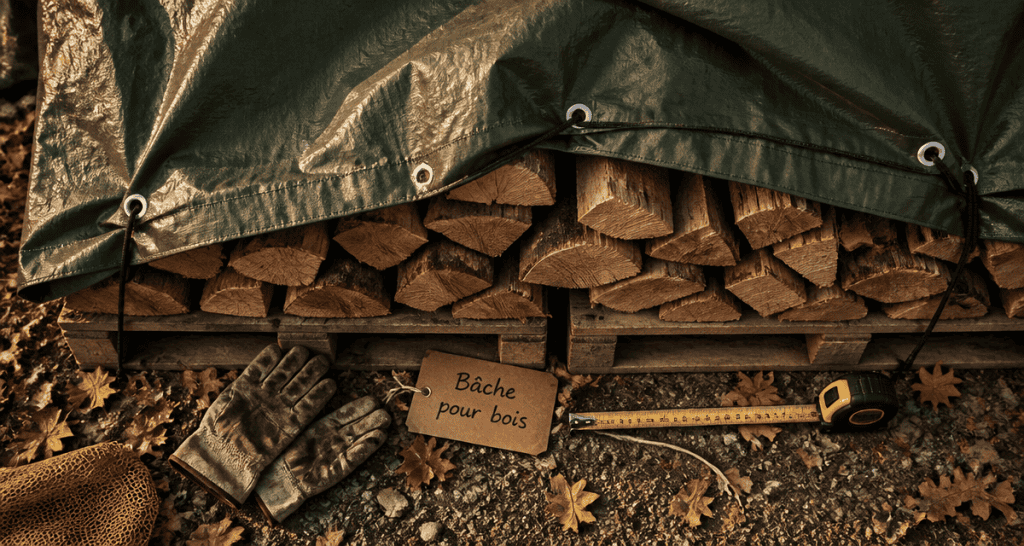 bache pour bois sur tas de buches