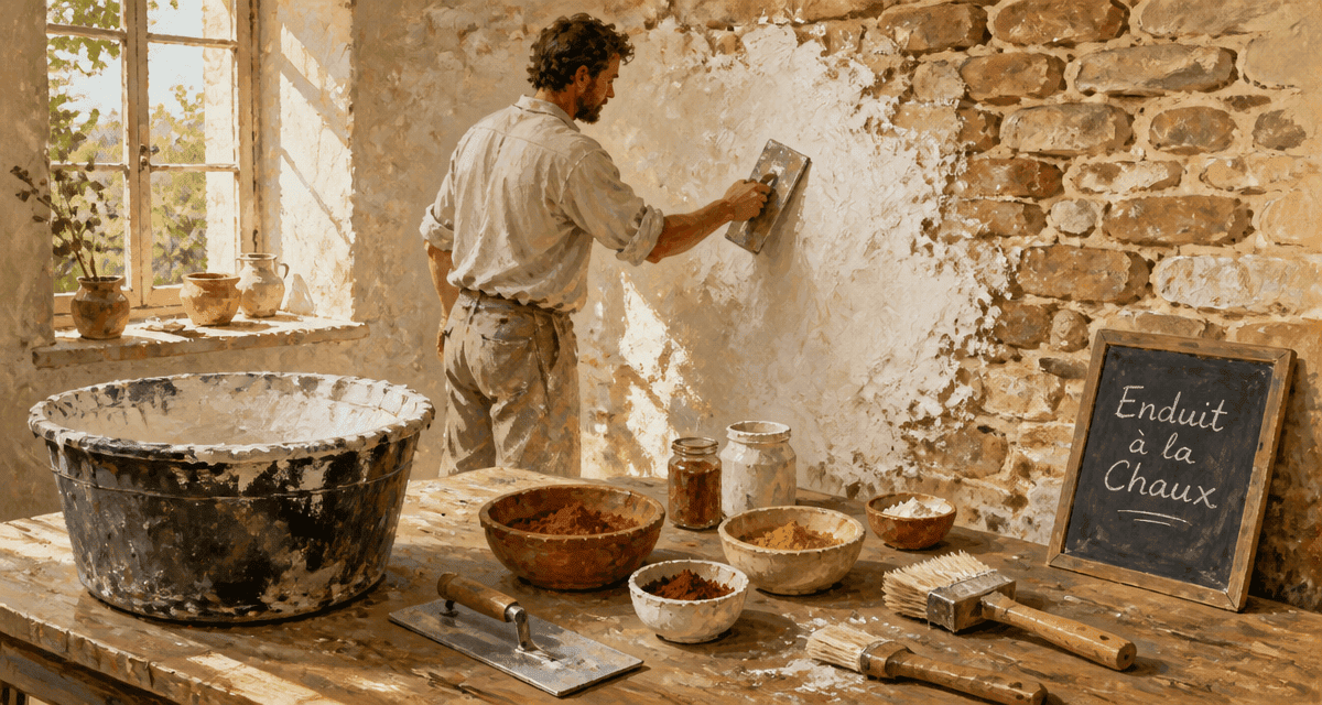 Chaux enduit sur mur pierre, artisan à la taloche