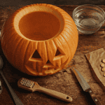 conserver citrouille halloween avec outils sur table