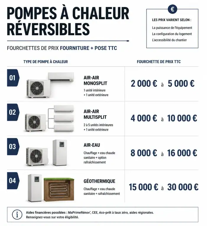 Comparatif des prix des pompes à chaleur clim réversible selon la technologie