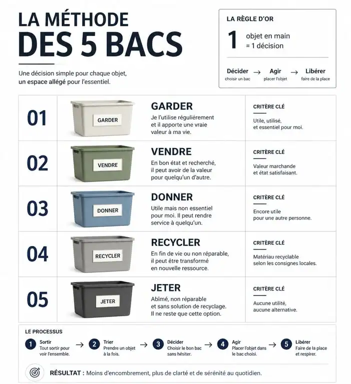 Infographie de la méthode des 5 bacs pour vider mon grenier efficacement