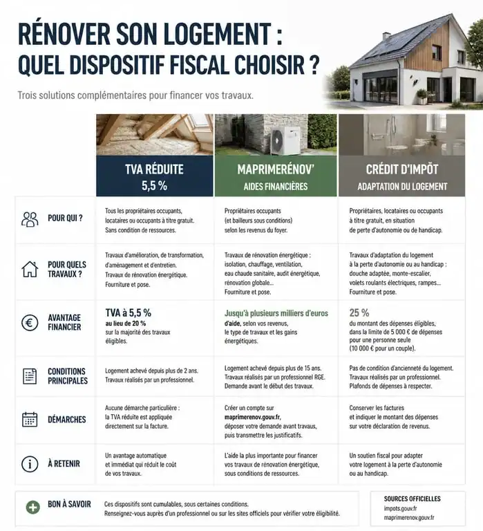 Infographie récapitulative des aides et dispositifs fiscaux pour les travaux maison impots