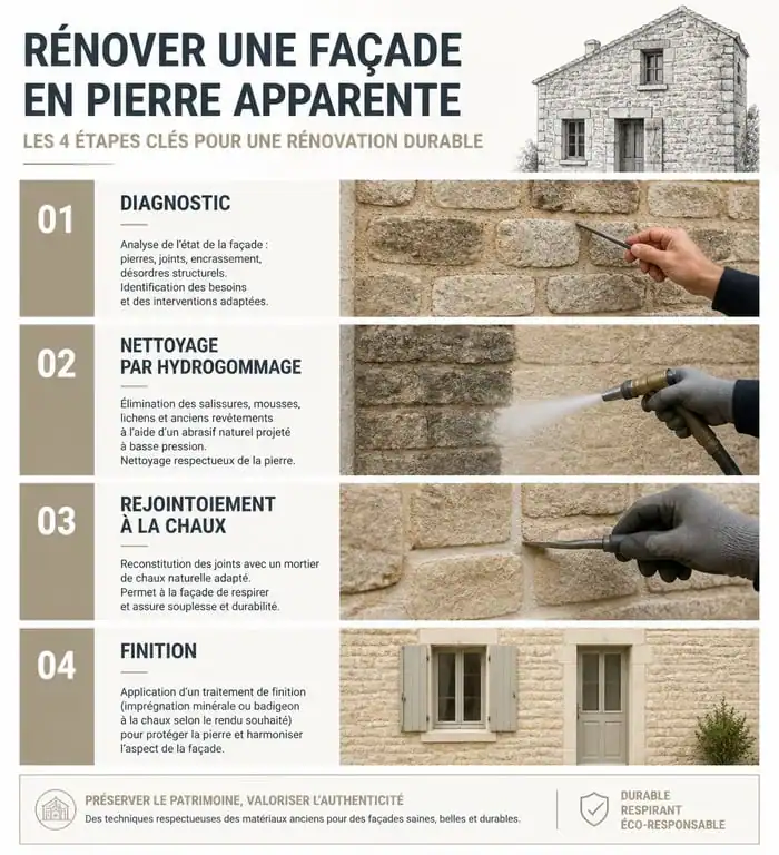 Étapes de rénovation d'une façade en pierre apparente