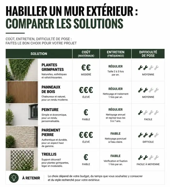 Infographie comparative des solutions pour cacher un mur extérieur : coût, entretien et difficulté de pose.