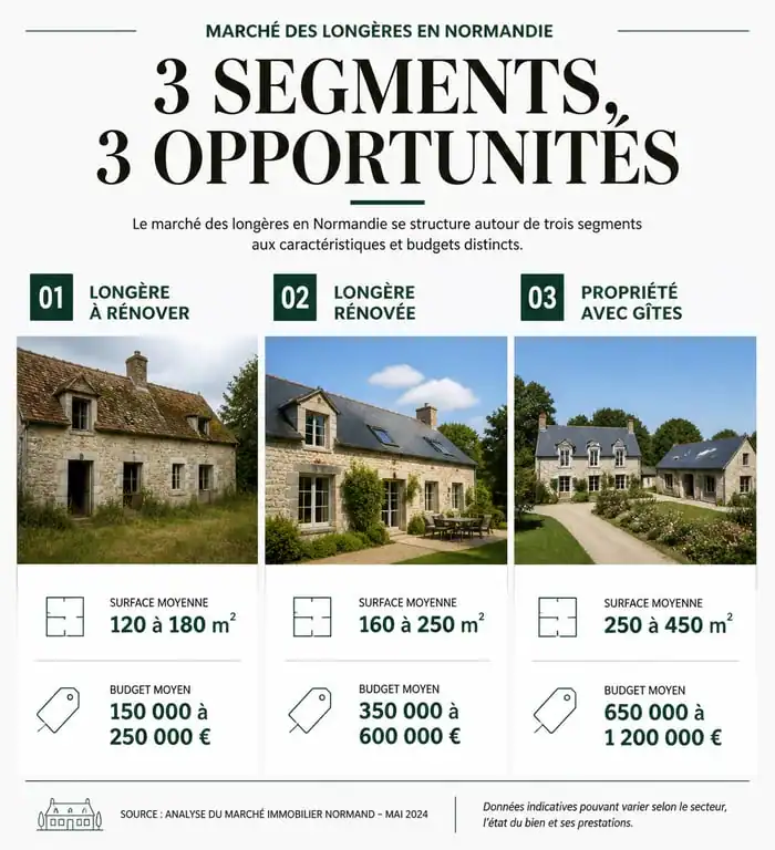 Infographie des prix et surfaces des longères en Normandie par type de bien