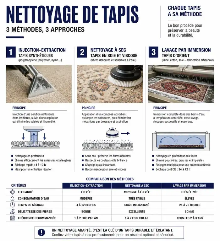 Infographie comparative des méthodes de nettoyage professionnel pour tapis selon la matière et le type de textile