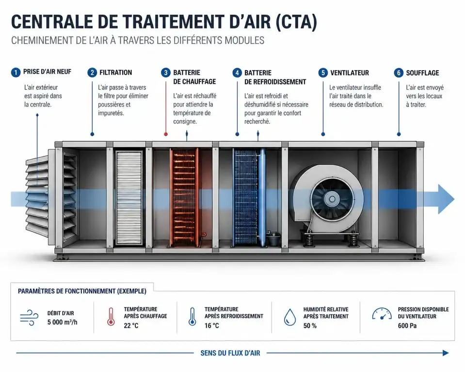 Schéma de fonctionnement d'une centrale de traitement d'air (CTA) avec ses composants principaux