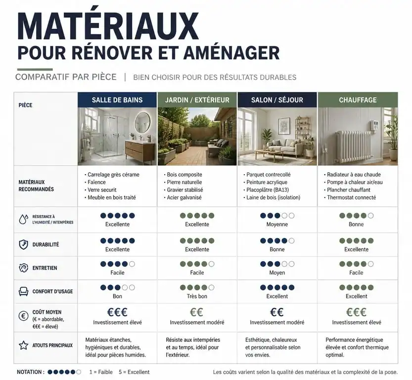 Tableau comparatif des matériaux pour mon amenagement maison