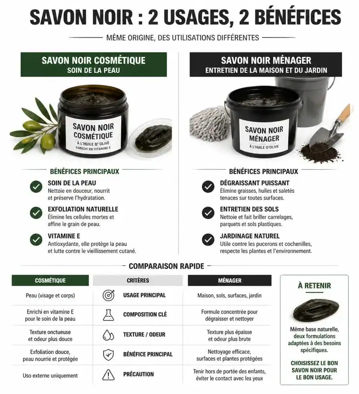 Infographie comparative des bienfaits du savon noir cosmétique et ménager