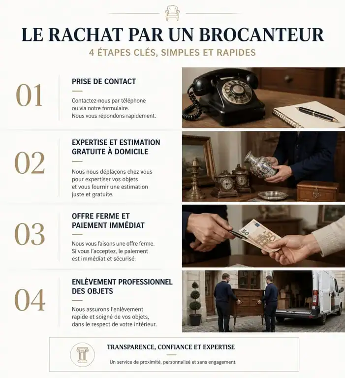 Processus de rachat d'objets et meubles par un brocanteur professionnel