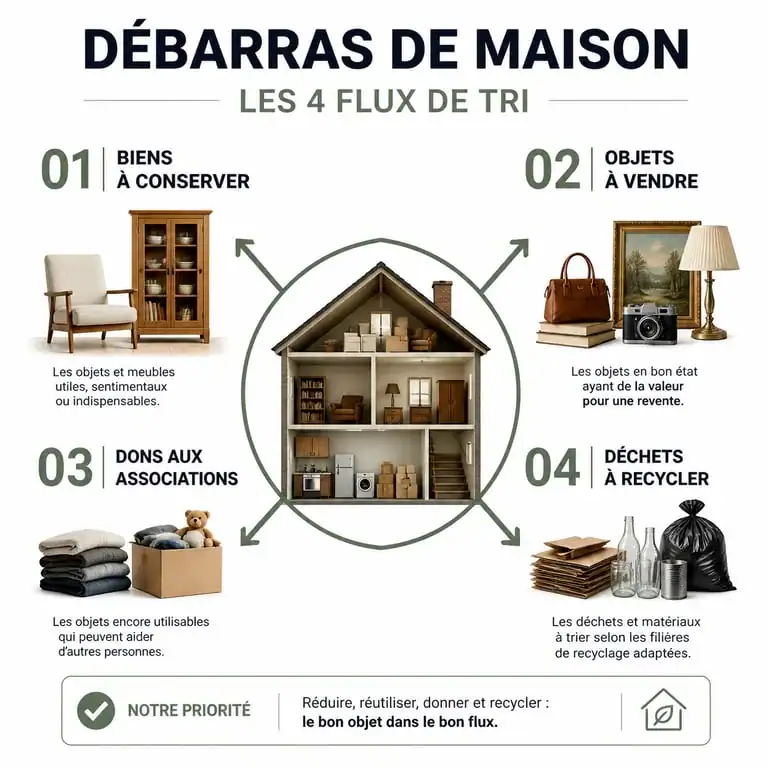 Infographie des 4 flux de tri pour un vidage maison efficace