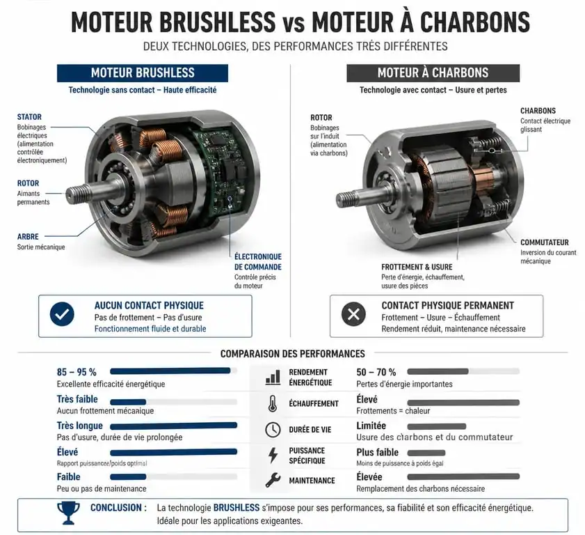 Schéma comparatif moteur Brushless vs moteur à charbons pour outillage portatif