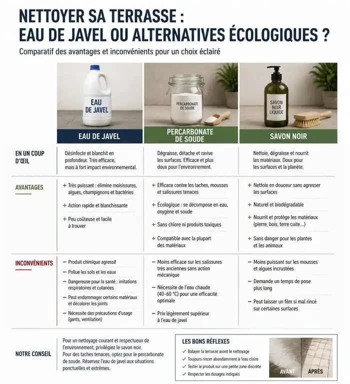 Infographie comparative nettoyage dalle terrasse javel vs alternatives écologiques