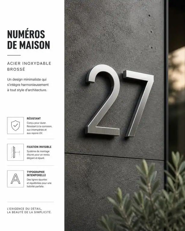 Numéro de maison design en inox brossé sur mur en béton