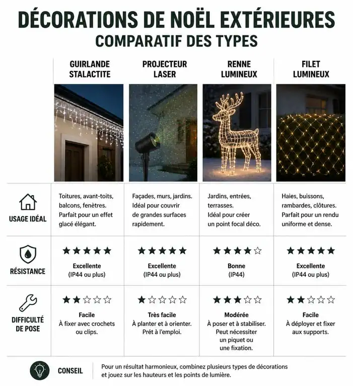 Infographie comparative des types de décoration de Noël extérieure pour guider votre choix