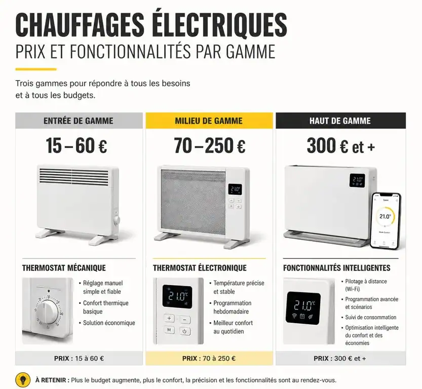 Comparatif des prix et fonctionnalités des convecteurs électriques : entrée de gamme, milieu de gamme et haut de gamme