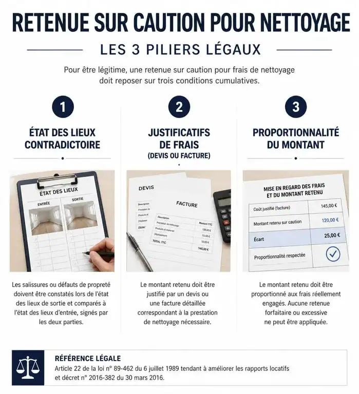 Infographie des conditions légales pour une retenue sur caution pour nettoyage
