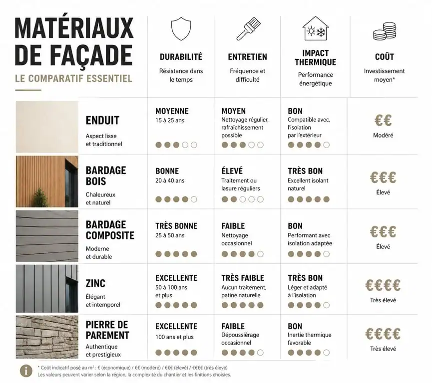Infographie comparative des solutions pour rénover ou embellir sa façade : matériaux, durabilité et entretien
