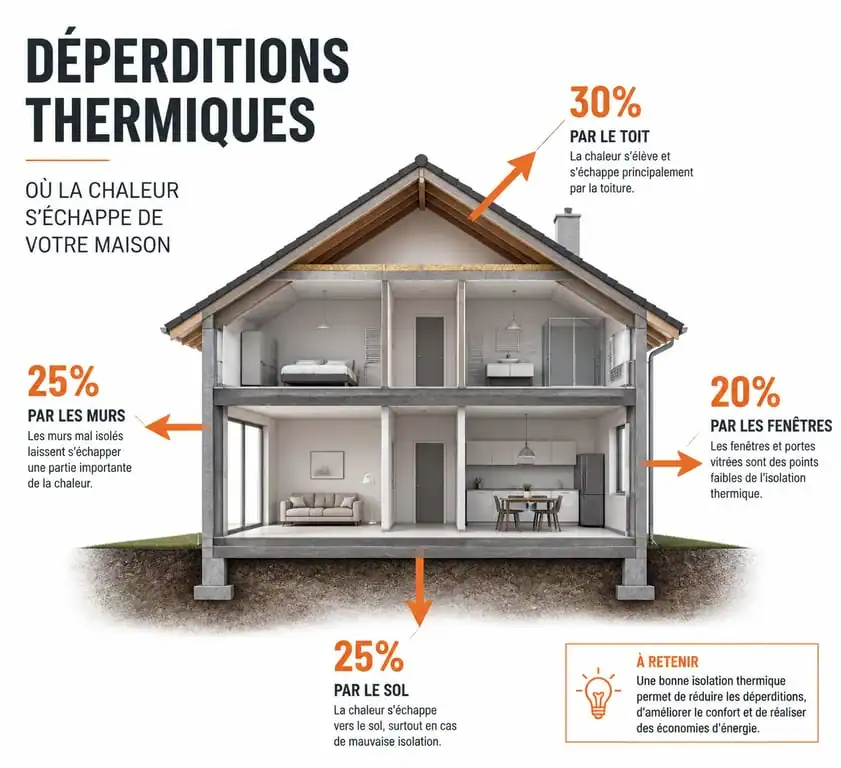 Schéma des déperditions thermiques d'une maison pour DM Rénovation