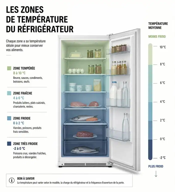 Schéma des zones de température pour bien ranger son frigo