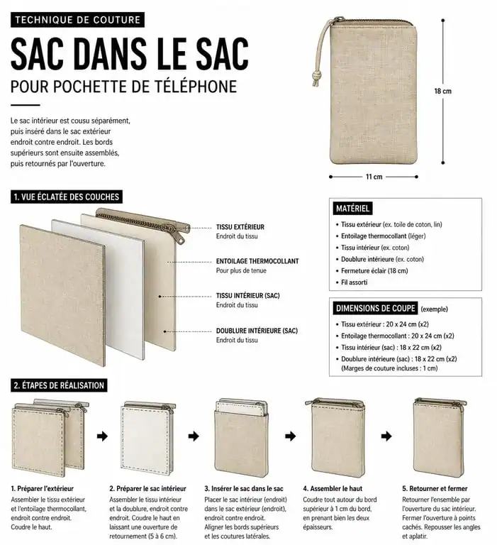 Illustration technique de la technique de couture sac dans le sac pour pochette en tissu pour téléphone portable