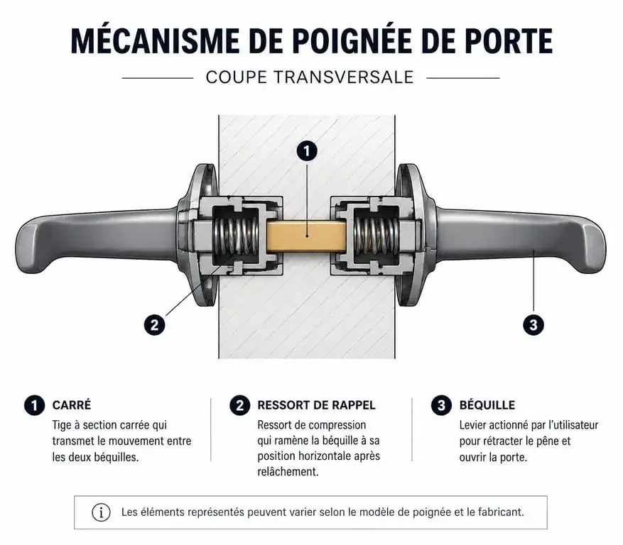 Schéma détaillé de l'intérieur et du mécanisme d'une poignée de porte