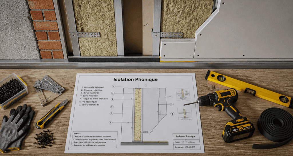 isoler phoniquement un mur mitoyen, outils et plan technique