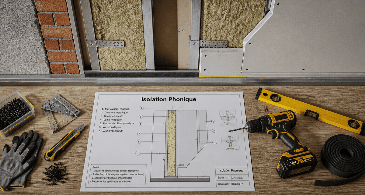 isoler phoniquement un mur mitoyen, outils et plan technique
