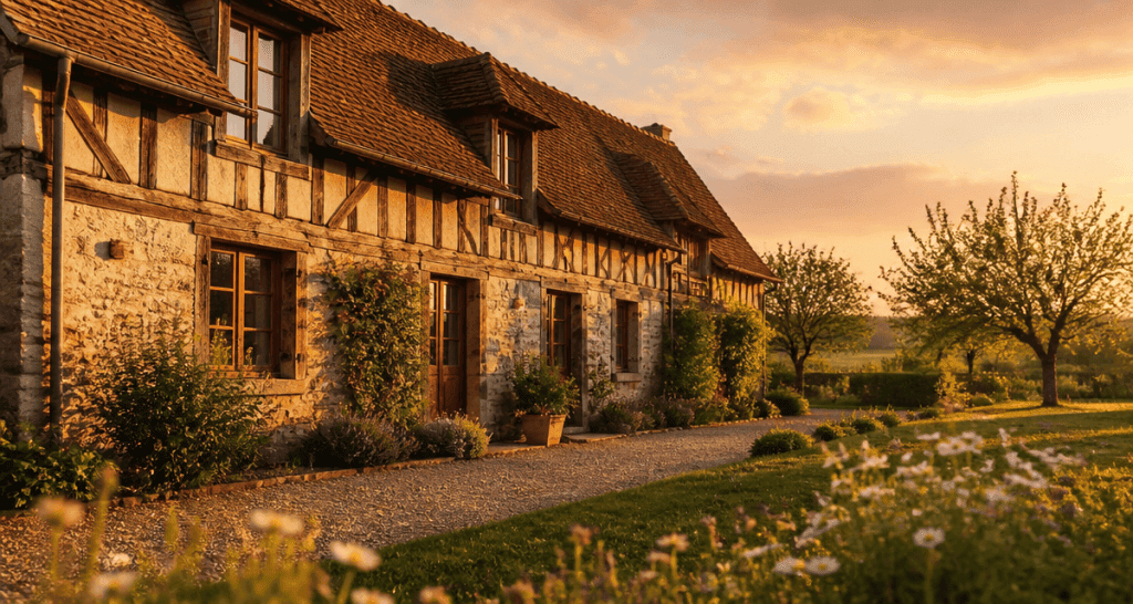 longere normandie pierre colombages jardin