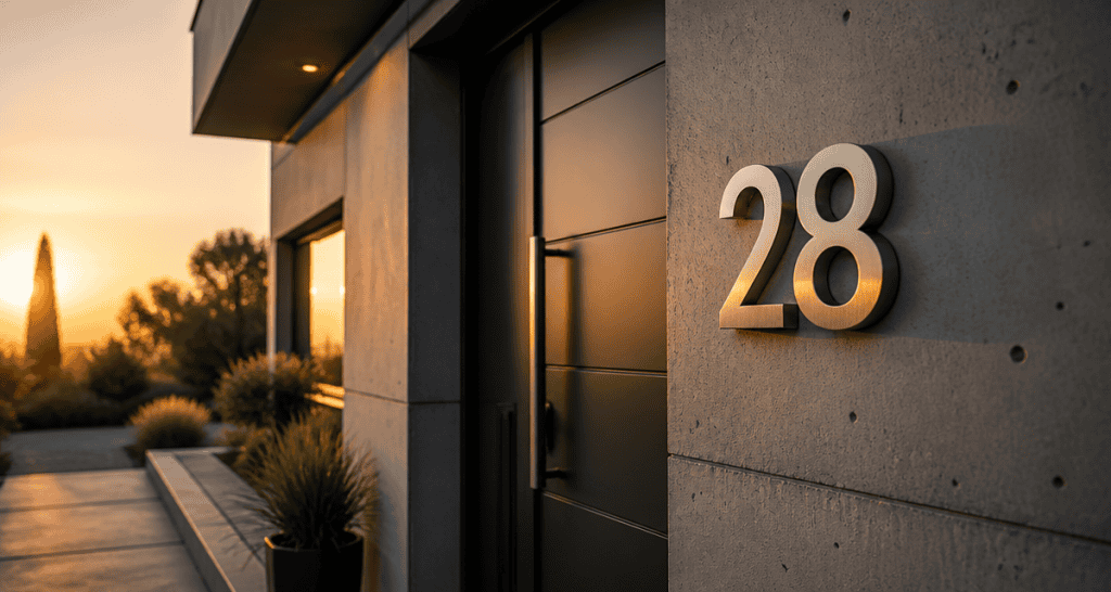 numero de maison design inox sur mur beton moderne