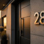 numero de maison design inox sur mur beton moderne