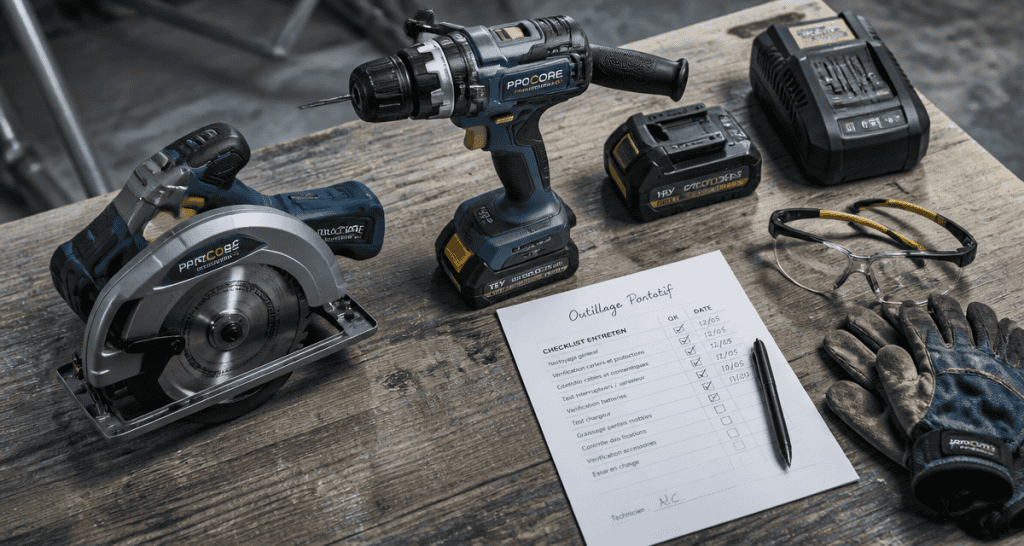 outillage portatif professionnel disposé sur établi
