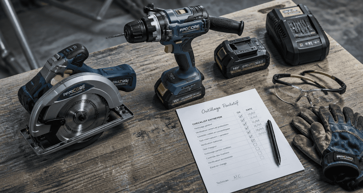 outillage portatif professionnel disposé sur établi