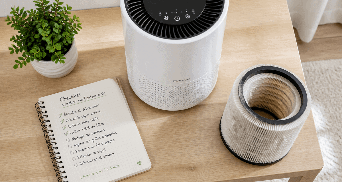 Purificateur d'air avis et filtre HEPA usagé sur table