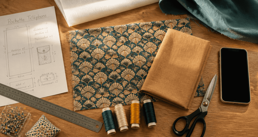 tuto pochette en tissu pour téléphone portable vue atelier couture