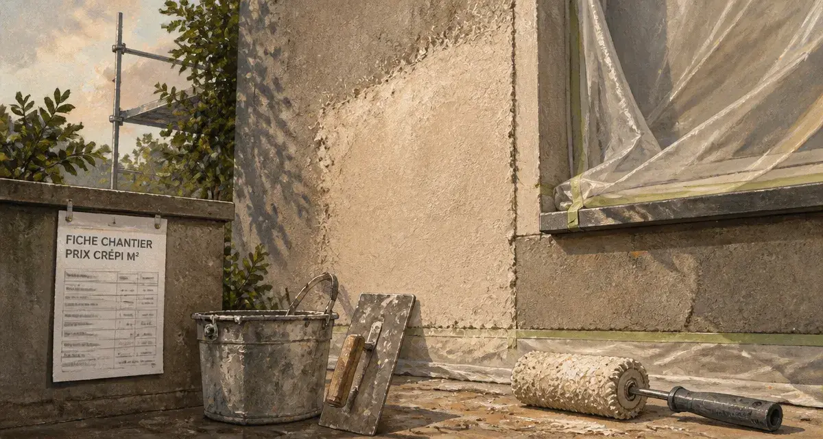 Crepi prix m2 : enduit projeté sur façade, chantier