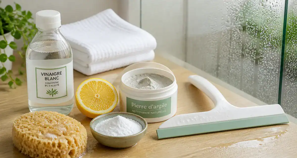 accessoires naturels pour enlever le calcaire sur les parois de douche