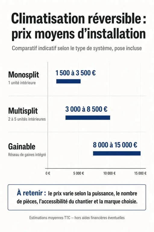 Comparatif des prix d'installation d'une climatisation réversible par type de système