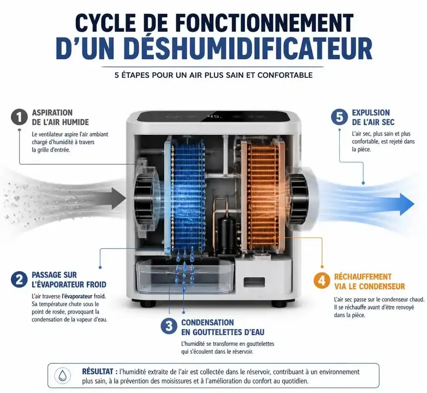 Schéma explicatif du fonctionnement d'un déshumidificateur d'air par condensation