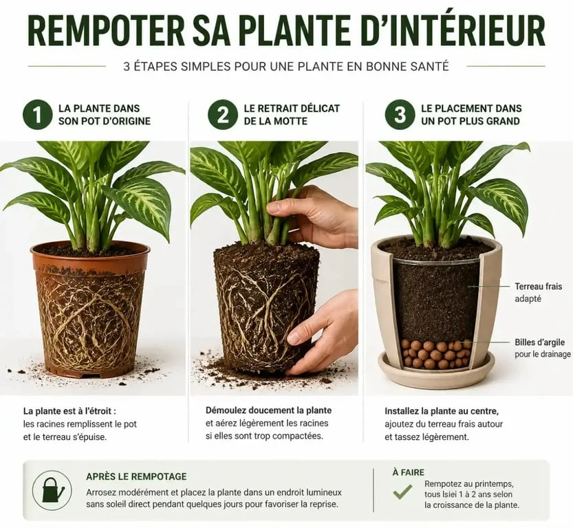 Étapes du rempotage d'une plante d'intérieur pour savoir quand rempoter une plante