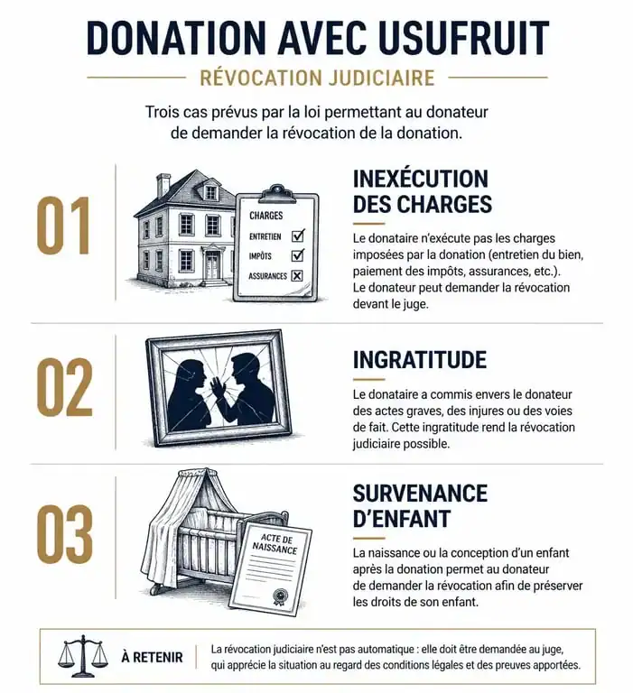 Infographie sur les conditions de révocation d'une donation avec usufruit