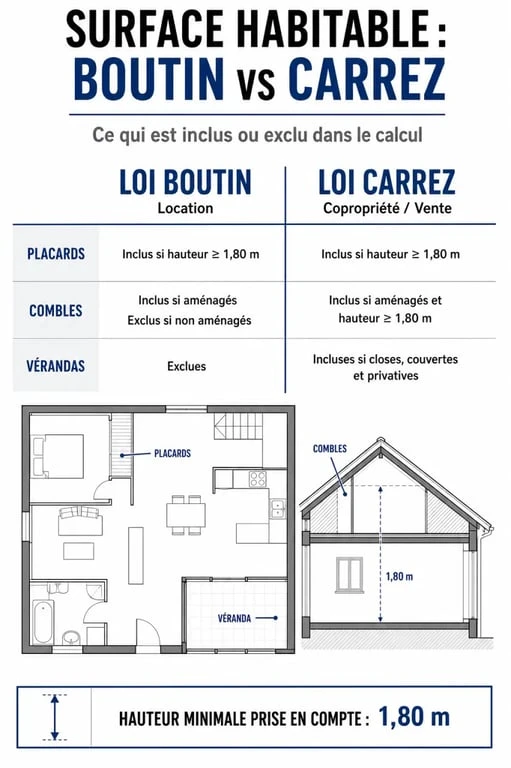 Tableau comparatif des surfaces Loi Boutin et Loi Carrez pour le calcul de la surface habitable et privative