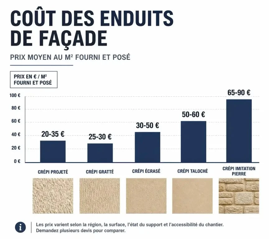Infographie comparative du prix au m2 selon le type de crépi de façade