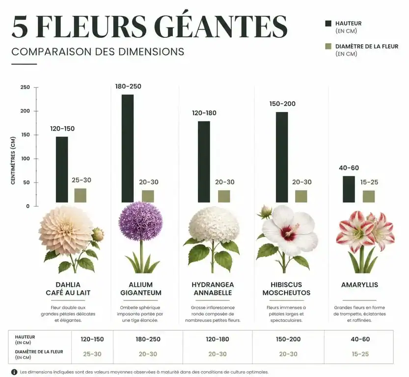 Infographie comparative des dimensions des principales variétés de grosses fleurs pour le jardin.